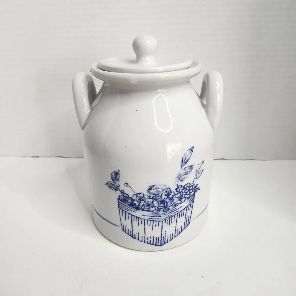 Vintage Ceramic Crock Canister Blue Flower Box Double Handles With Lid